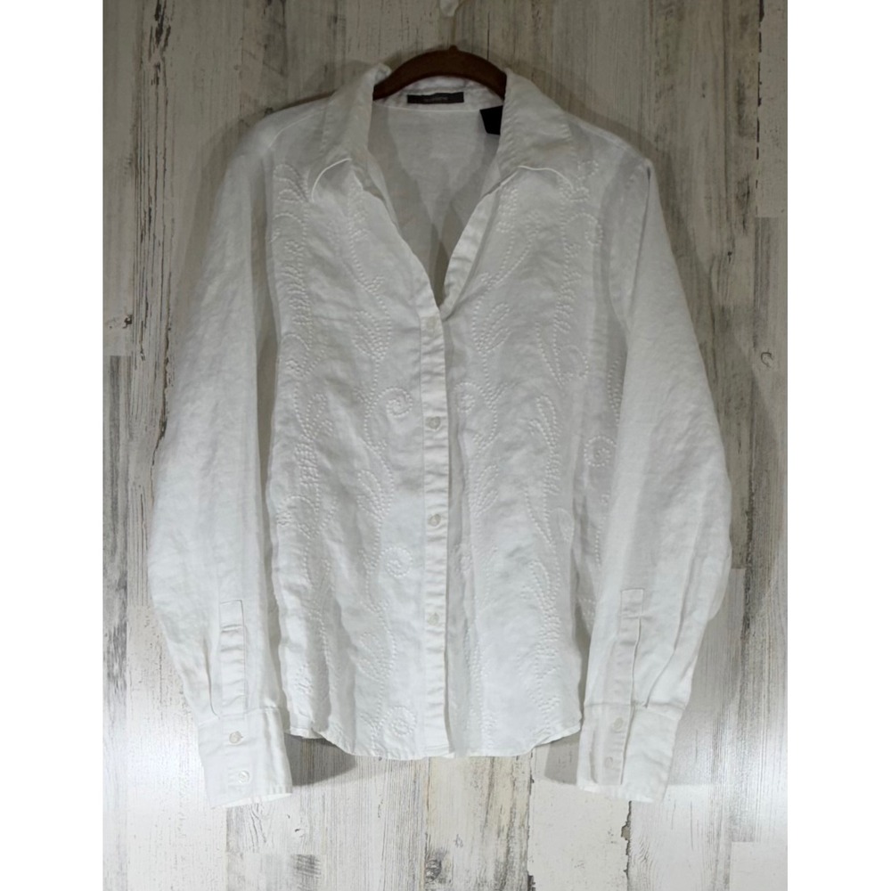 Liz Claiborne Button Down Shirt 12 White Embroidered Linen Coastal Office Career